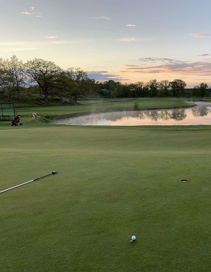 A golfer lining up a putt in early light